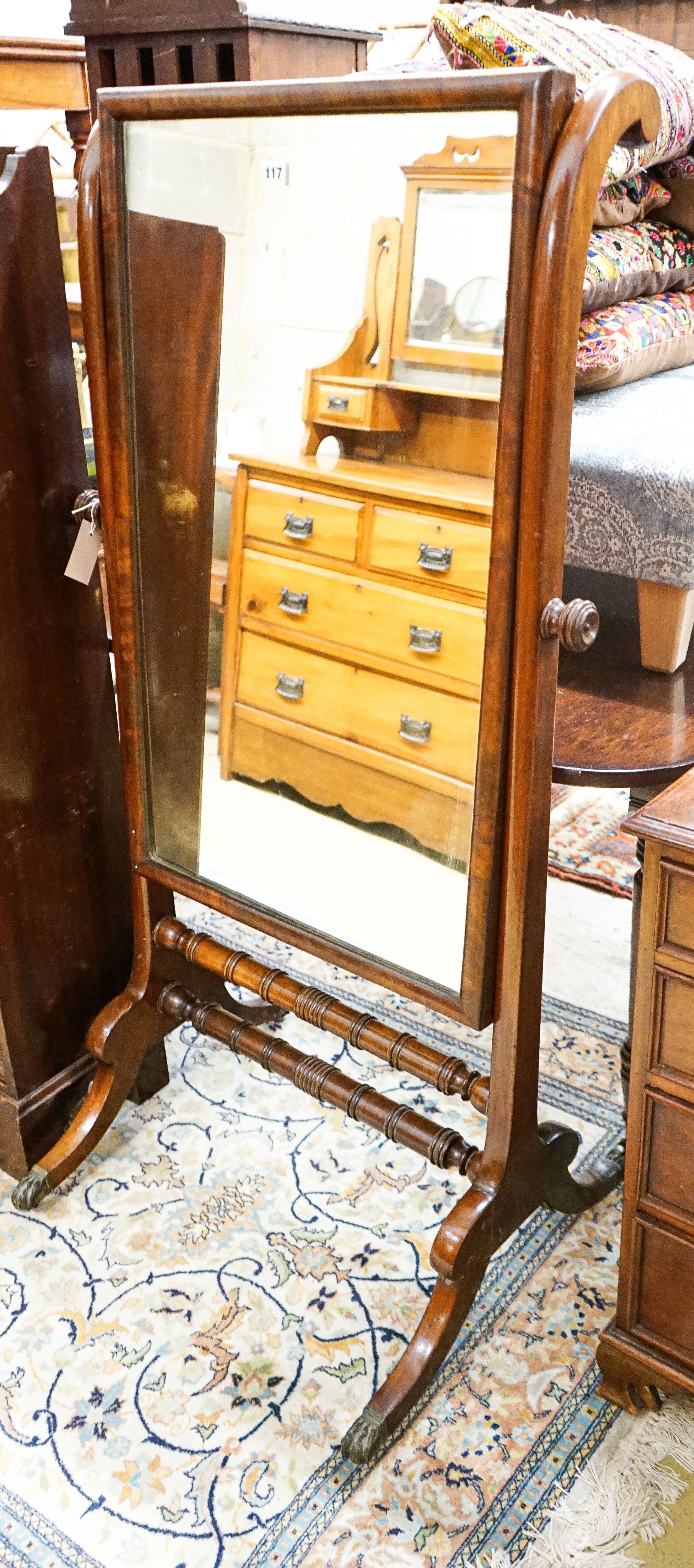 A Regency mahogany cheval mirror, width 70cm, height 136cm